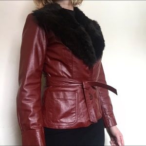 Vintage Red Leather Jacket with Faux Fur Collar